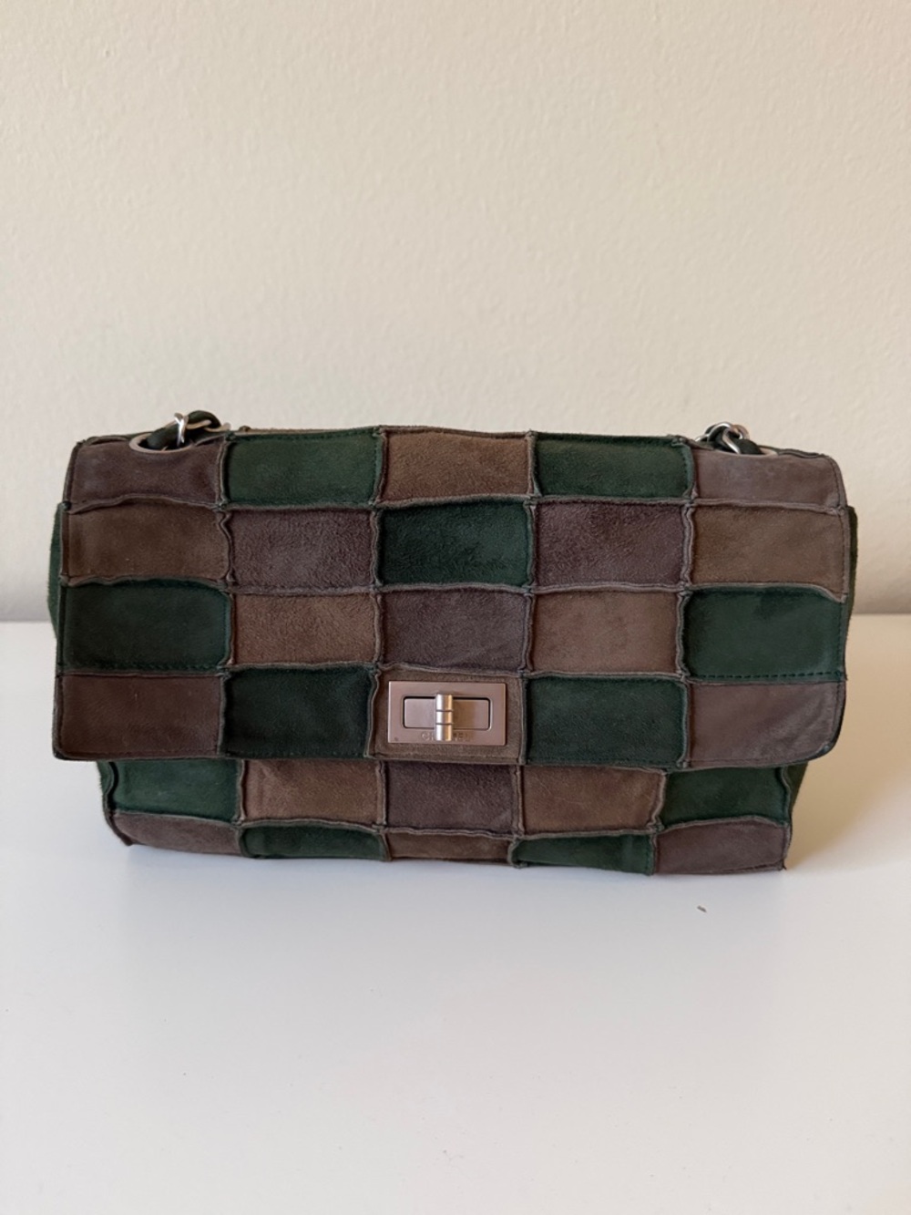 CHANEL Vintage Patchwork Suede Shoulder Bag in Brown and Forest Green